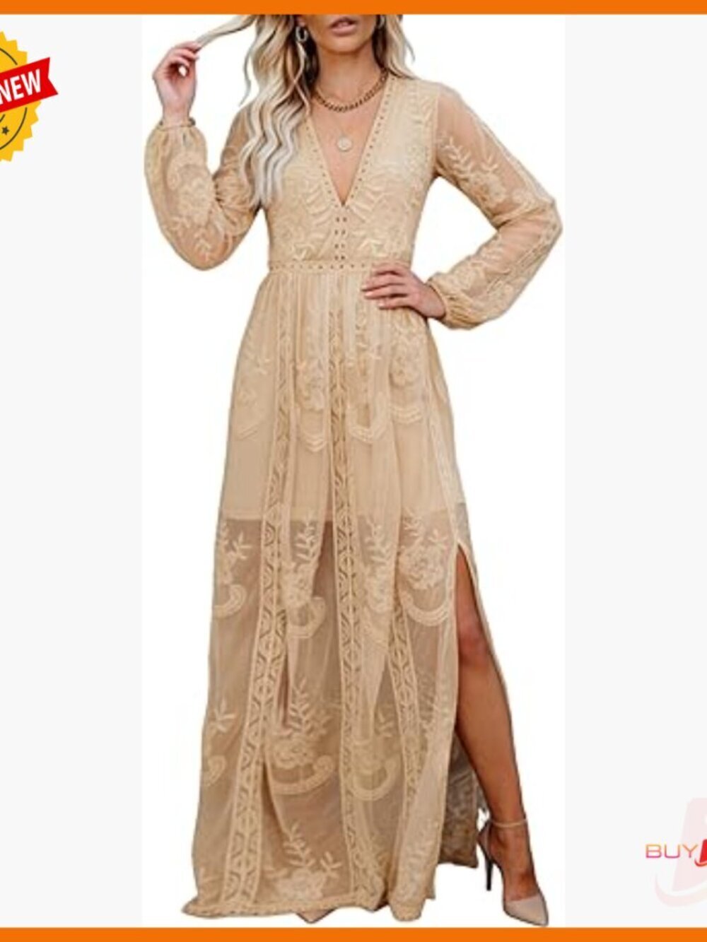 Long Sleeve Lace Maxi Dress Formal Wedding Guest V-Neck Boho